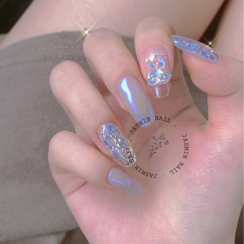 [ NAIL BOX ] Nailbox móng thiết kế sẵn mẫu charm gấu ẩn nhũ có làm theo yêu cầu