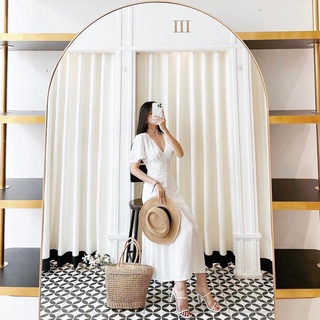ĐẦM MAXI TRẮNG CỔ V PHỐI NÚT ĐUÔI CÁ