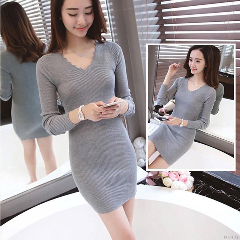 Đầm len tay dài cổ chữ V thanh lịch quyến rũ | BigBuy360 - bigbuy360.vn