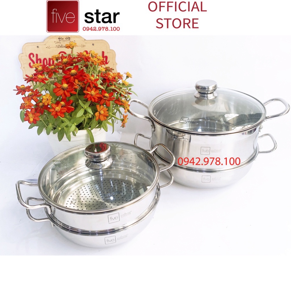 Nồi lẩu xửng hấp cao cấp FIVESTAR 3 đáy từ nắp kính 24cm / 26cm / 28cm , tặng 5 muỗng ăn