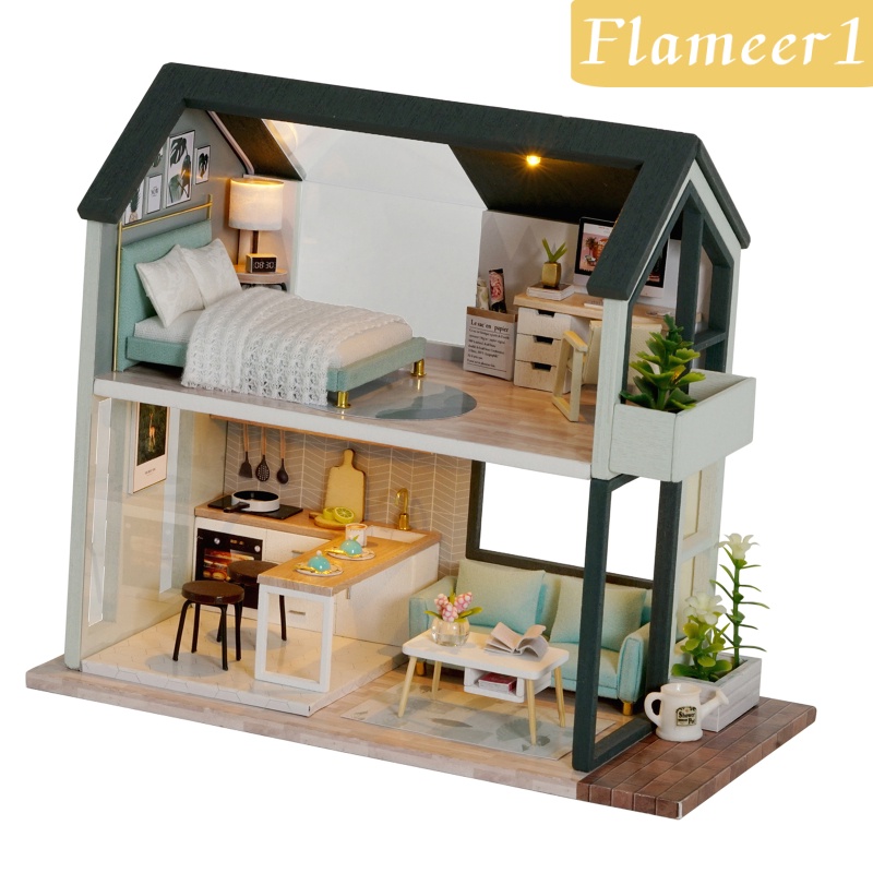 Bộ ngôi nhà búp bê DIY bằng gỗ mini tỉ lệ 1/24 kiểu 1 FLAMEER1