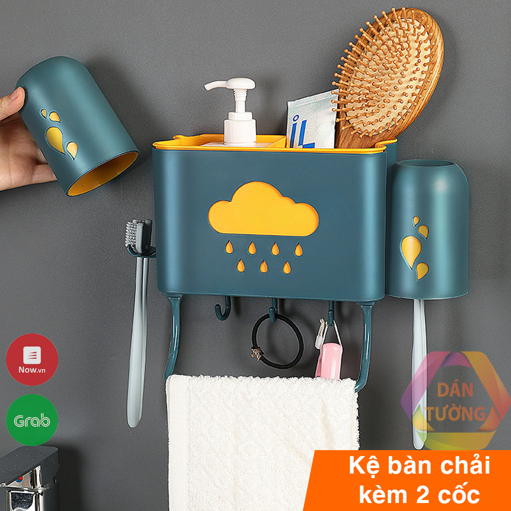 Kệ đựng bàn chải đánh răng dán tường nhà tắm MDT, giá kệ để đồ phòng tắm đa năng kèm 2 cốc đánh răng - K189