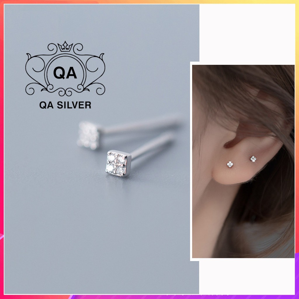 Bông tai bạc 925 vuông nhỏ đính đá khuyên nam nữ nụ mini S925 SQUARE Silver Earrings QA SILVER EA201005