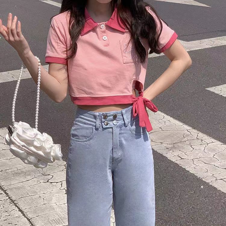 Áo polo Tay Ngắn Thêu Họa Tiết Khối Màu Sắc Mới Cho Nữ