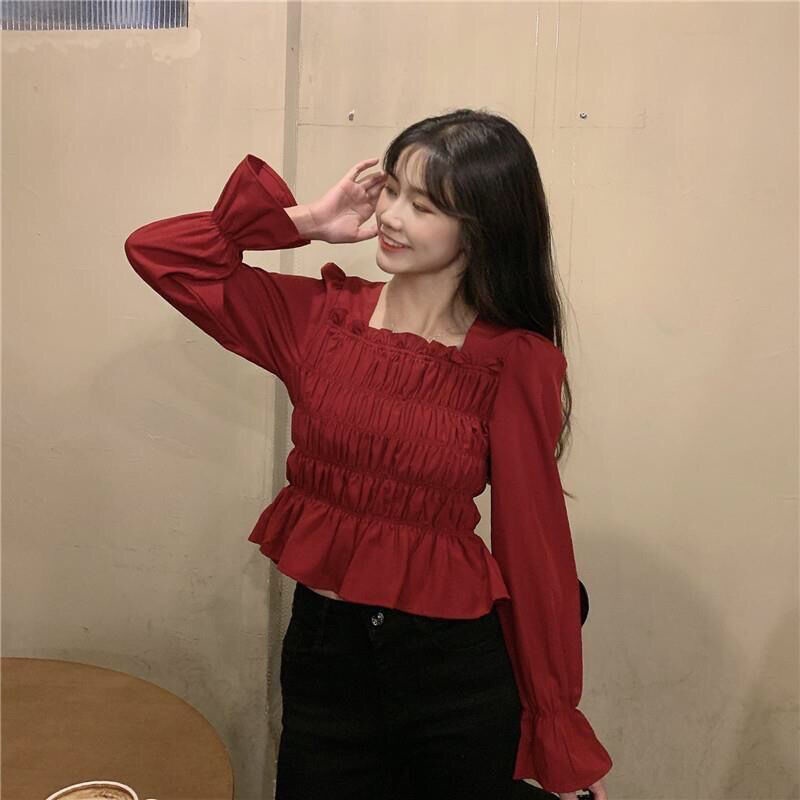 COZOK Áo Sơ Mi Dài Tay Cổ Vuông Lưng Cao Xinh Xắn Dành Cho Nữ