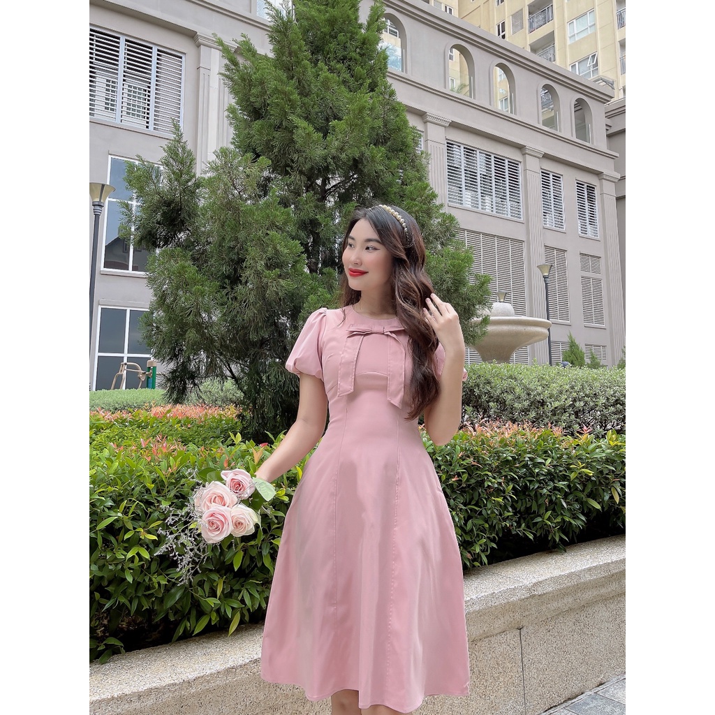 Đầm xòe Lomena dress C559 Tay bồng cổ tròn đính nơ trẻ trung Cin House