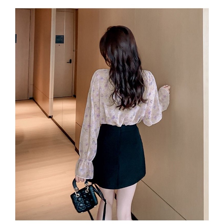Áo Sơ Mi chiffon Tay Dài Cổ Chữ v In Họa Tiết Hoa Phối Bèo Đính Nút Kim Cương Giả Xinh Xắn Thời Trang Mùa Xuân