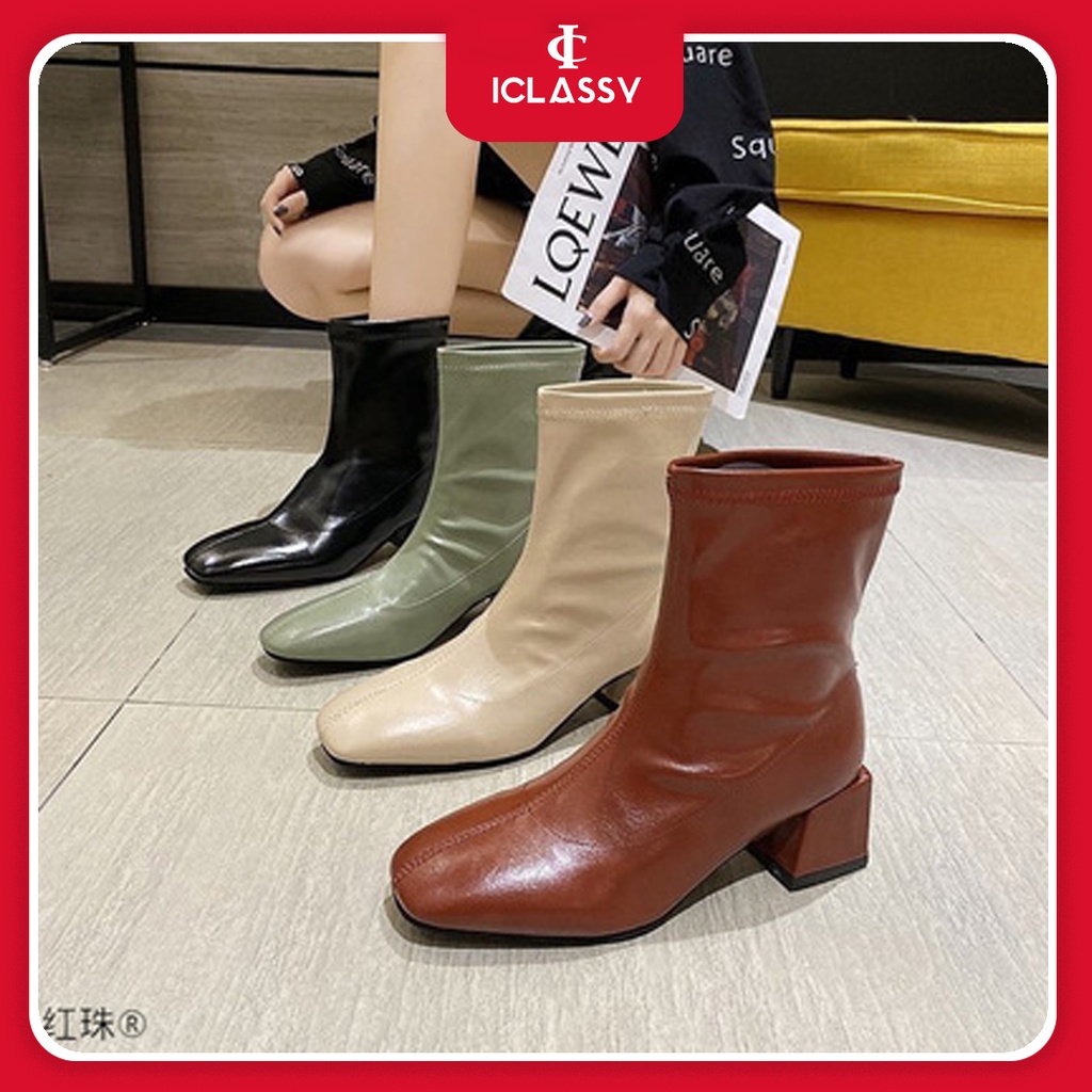 Giày Bốt Martin Nữ Ulzzang, Giày Bốt Da Mũi Vuông Cổ Ngắn Gót Vuông Dày 3cm Vintage, Hàn Quốc - Iclassy_shoes