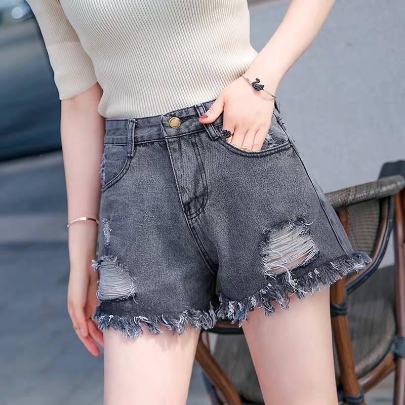 Quần Short Denim Ống Rộng Lưng Cao Màu Xám Khói Phong Cách Hàn Quốc Thời Trang Mùa Hè Cho Nữ