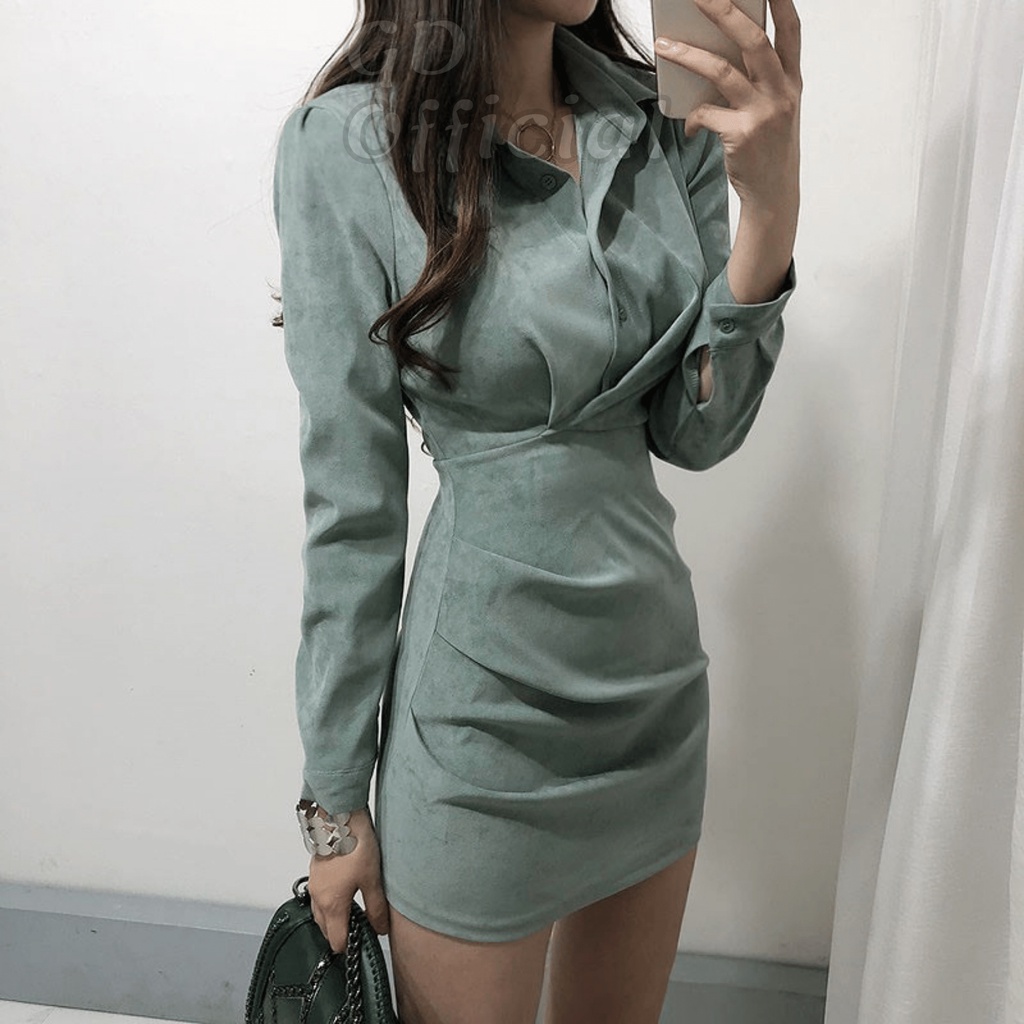 D2|Đầm sơ mi nữ thắt eo kiểu pháp chất nhung công sở, dạ tiệc gd_order