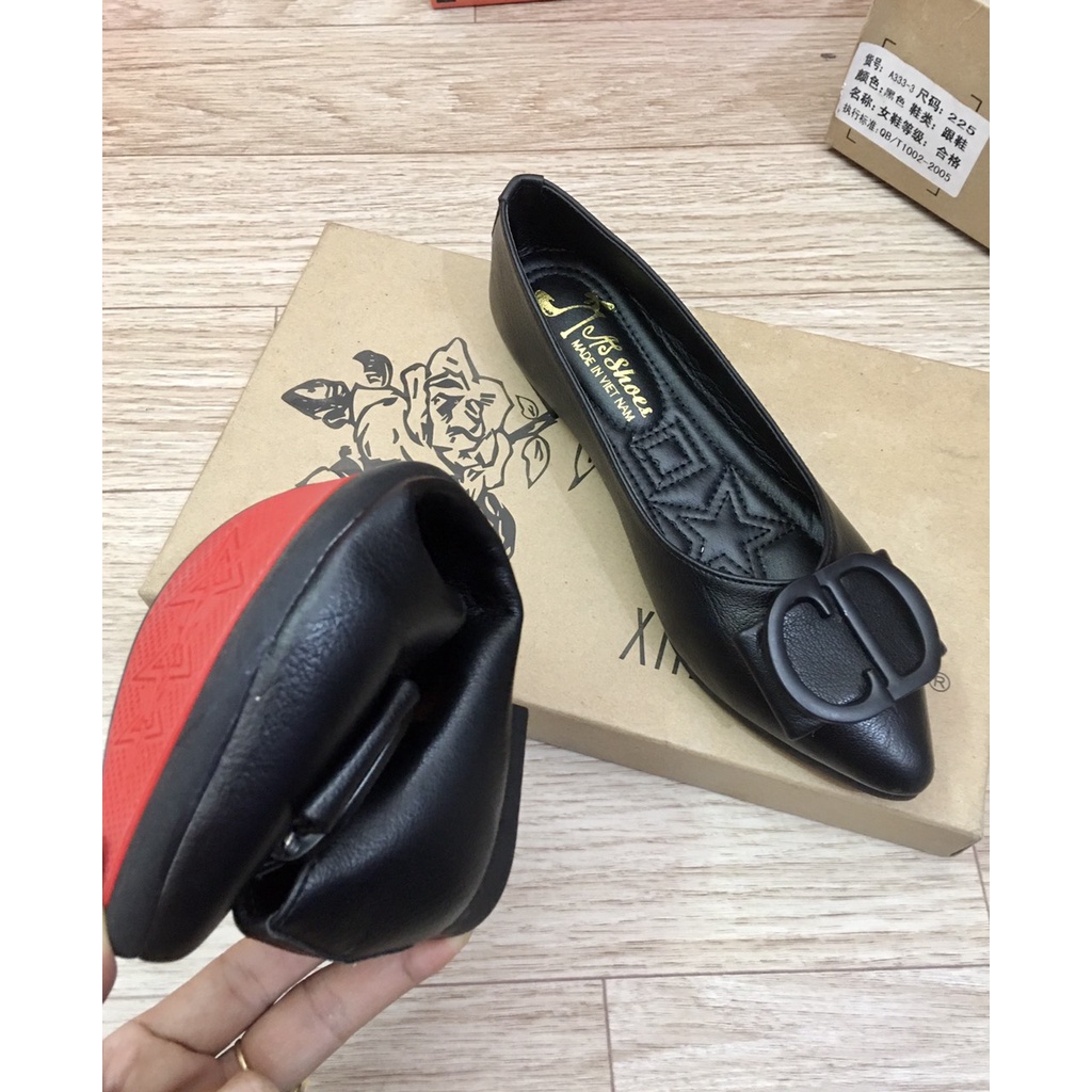 Giày búp bê mũi nhọn da mềm phối khóa êm chân mã B64