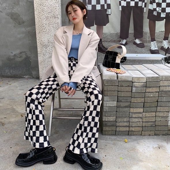 Bộ Áo Khoác Dệt Kim Dài Tay Dáng Rộng + Quần Dài Lưng Cao Sọc Ca Rô Thời Trang Mới 45360 | BigBuy360 - bigbuy360.vn