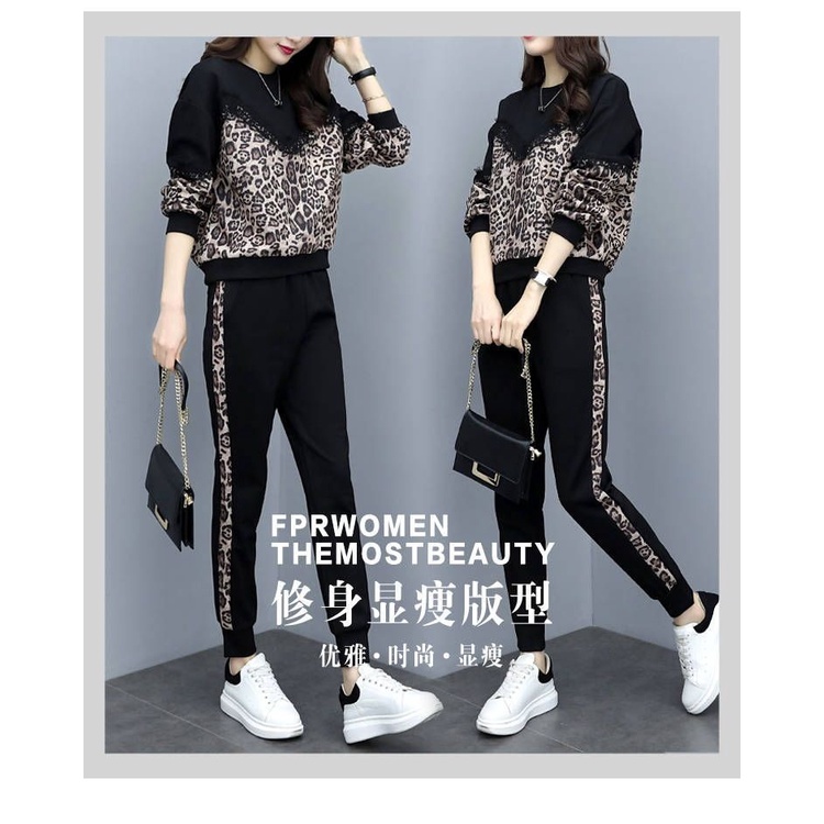 Bộ quần áo thể thao dài tay cỡ lớn in họa tiết da báo kiểu Hàn Quốc thời trang mùa thu 2021 cho nữ
