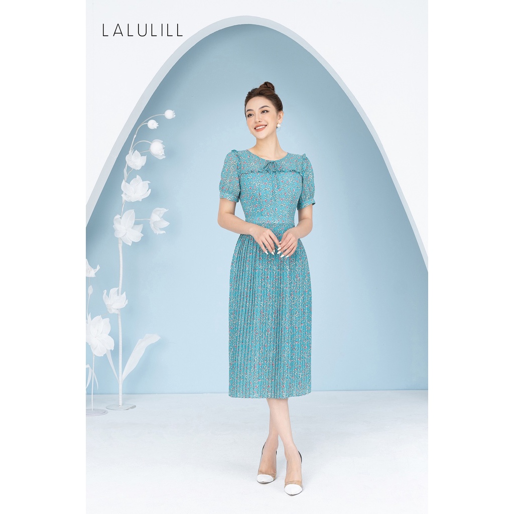 LALULILL - Đầm liền chân xếp li chiffon xanh hoa nhí