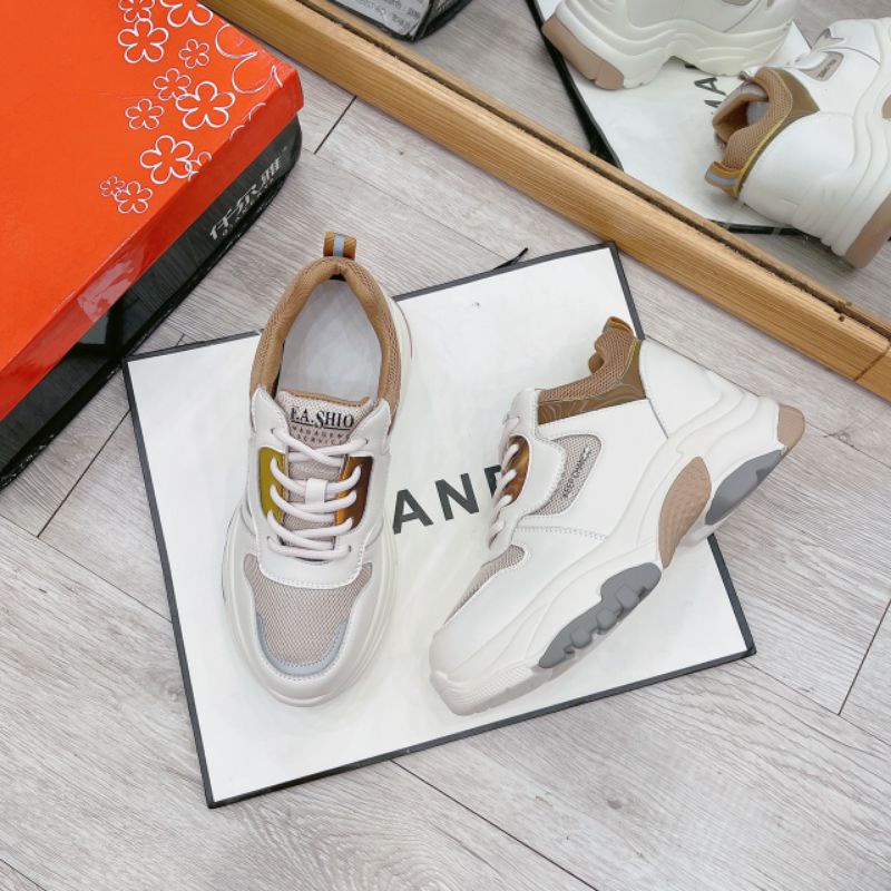 LoH(ẢMH THẬT) Giày Thể Thao Nữ Nâng Đế 6p Nâu Vàng Pha Lưới Da Mềm Êm Fullbox Cao Cấp