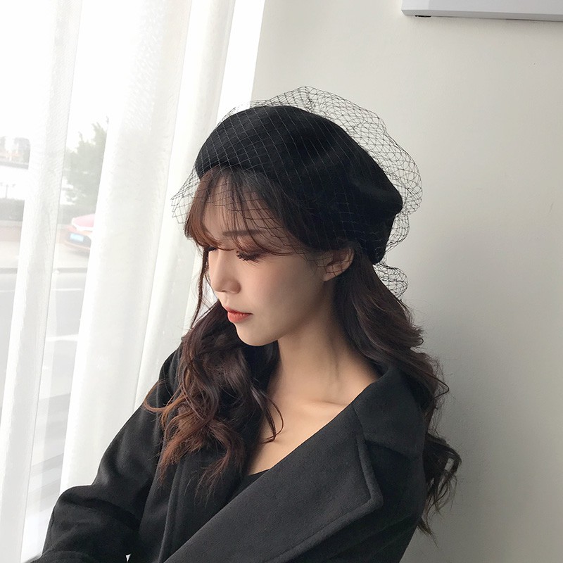 Mũ nồi len phối ren lưới phong cách Anh quốc thời trang retro cho nữ