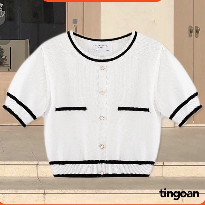 Áo len croptop ngắn tay cổ tròn cúc ngọc trắng ALISSA TOP/WH