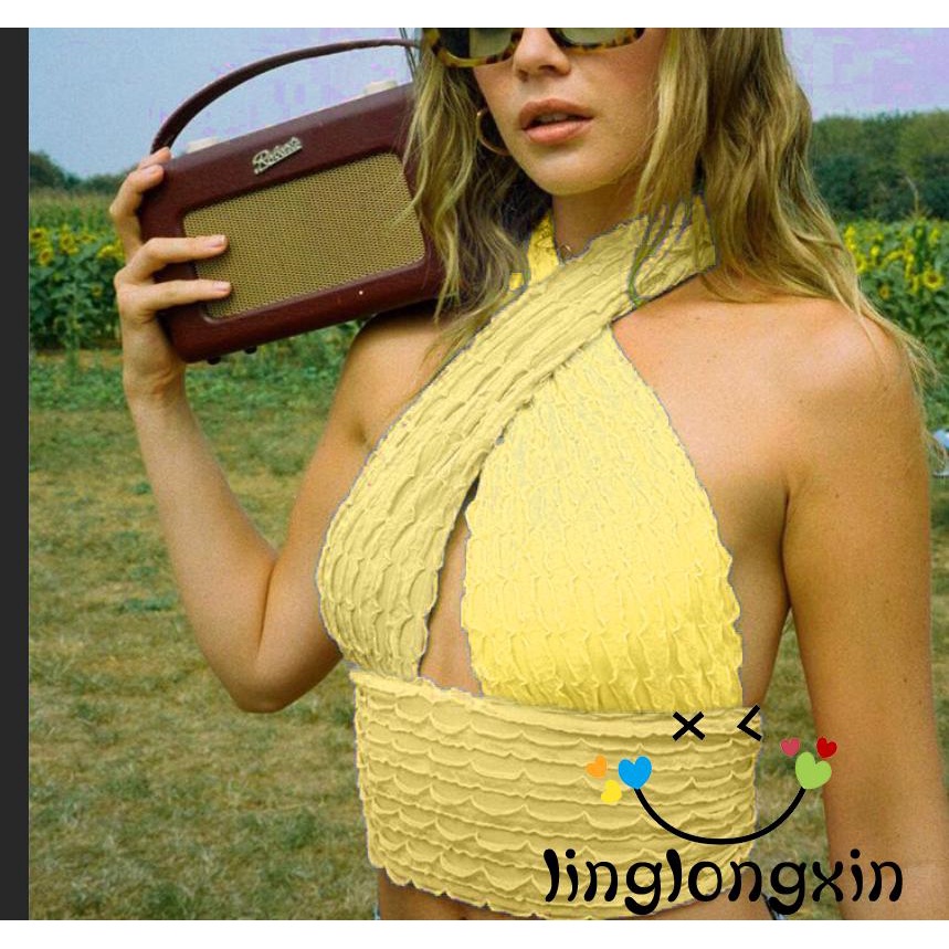 Áo croptop cổ chữ V màu sắc tương phản thời trang cho nữ