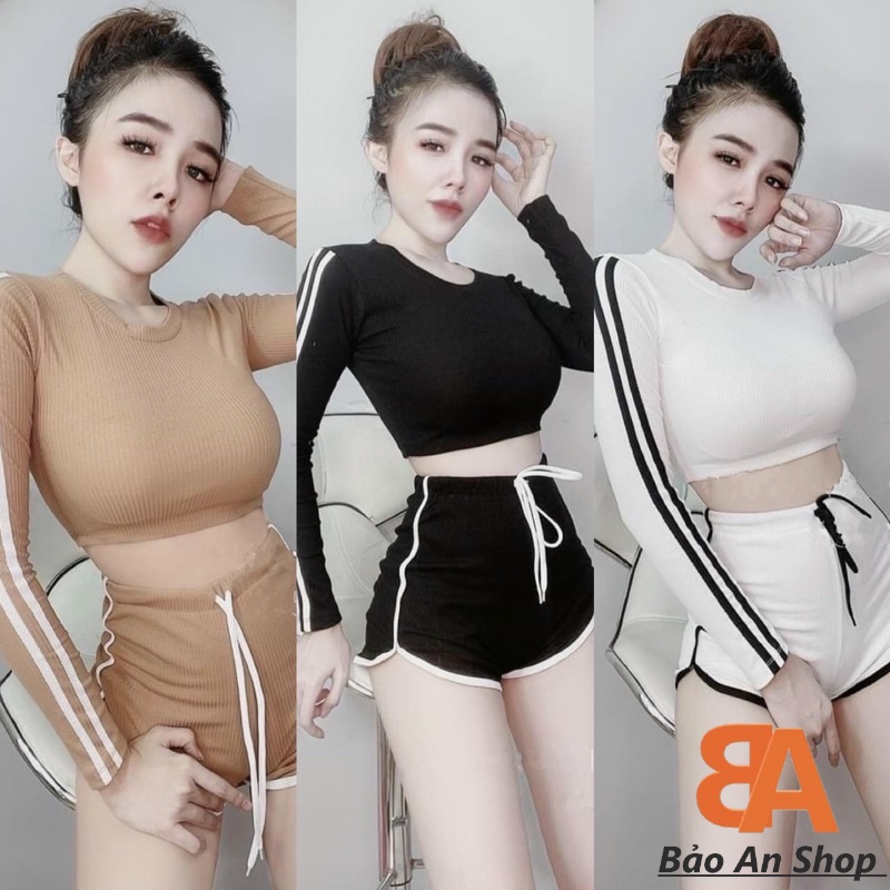 Sét bộ nữ áo croptop tay dài + quần đùi lưng thun gồm 2 món đồ (Bảo An)