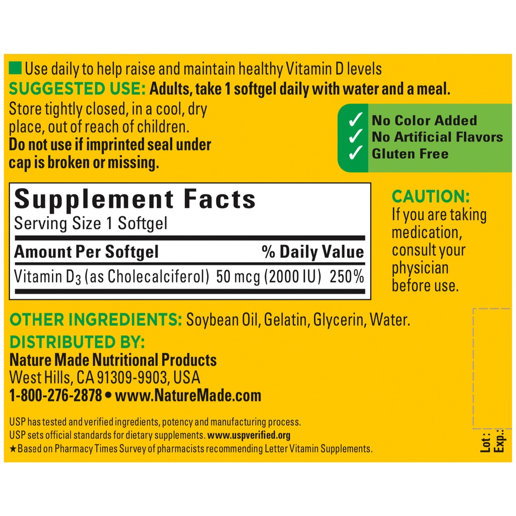 Vitamin D3 Giúp Tăng Sức Khỏe Xương Khớp Nature Made D3 2000IU  - Từ Mỹ