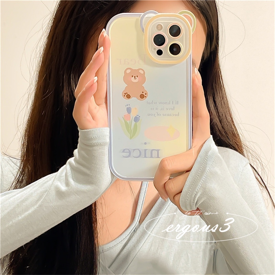 Ốp Điện Thoại Mềm Họa Tiết Hoa Tulip Gấu Bảo Vệ Lens Cho iPhone 14 13 12 11 Pro Max SE2020 X XR Xs Max 7 8 6 6s Plus