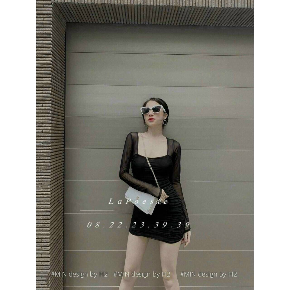 Đầm váy body sang chảnh,đầm dự tiệc tay dài cổ vuông chất liệu thun dẻo tiểu thư dạo phố thời trang XM Minh Phúc