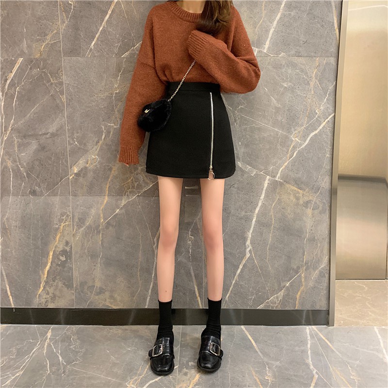 Đen Chân Váy Len Dáng Chữ A Lưng Cao Phối Khóa Kéo Cá Tính | BigBuy360 - bigbuy360.vn