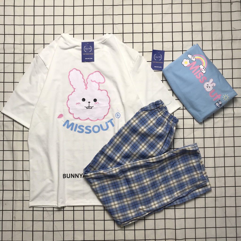 Đồ Bộ Nữ Quần Dài Caro Ống Rộng Áo Thun Thỏ Con Bunny Trắng Unisex Tay Lỡ Lapi VN, Nhiều Mẫu, Chất Vải Thoáng Mát