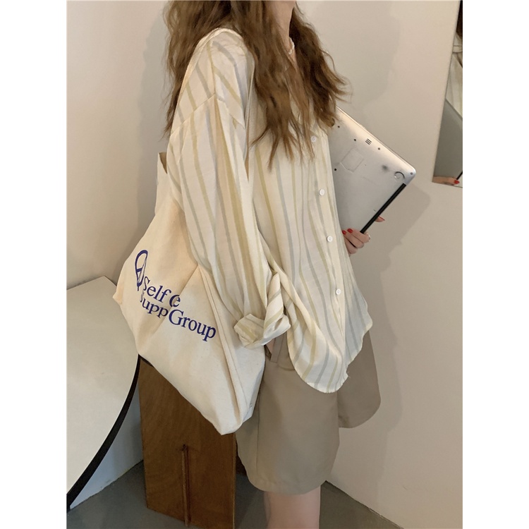 Xiaozhainv  Áo Sơ Mi Tay Dài Dáng Rộng Kẻ Sọc Thời Trang Retro Cho Nữ