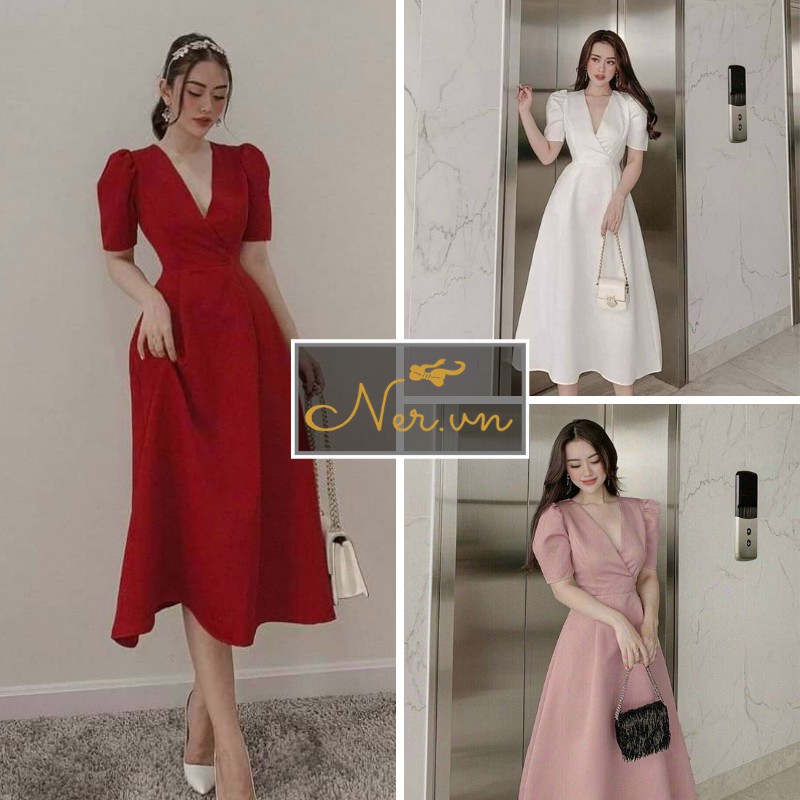 Đầm Dự Tiệc quý phái cổ Tim, 4 màu Trắng, Đỏ,Hồng, Be sang trọng, quý phái, dáng xòe,mẫu mới 2021 tại xưởng may NER-N100