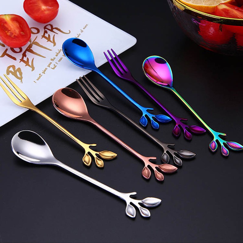 Muỗng /Nĩa Muỗng Cà Phê Bằng Thép Không Gỉ Thiết Kế Hình Chiếc Lá Sáng Tạo Dĩa trái cây Dao kéo bằng thép không gỉ