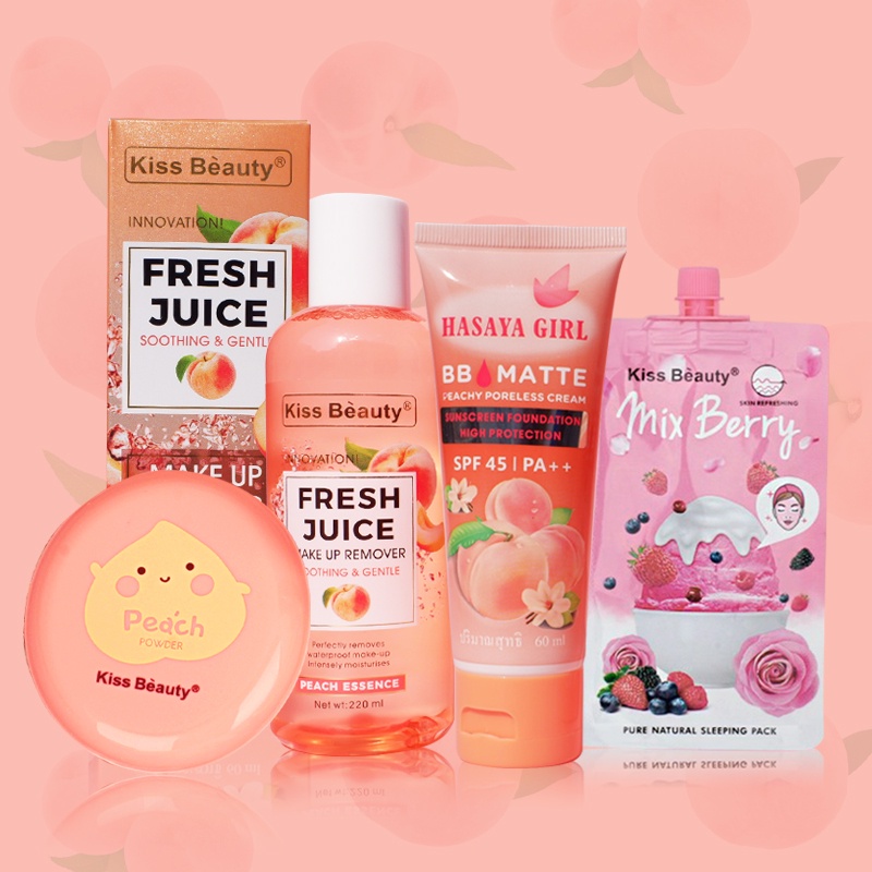 KISS BEAUTY 1 bộ 4 miếng Bộ trang điểm giá rẻ nhất - (Kem nền dạng lỏng+Phấn nền+Mặt nạ trái cây+Tẩy trang) KB-4JT-D01