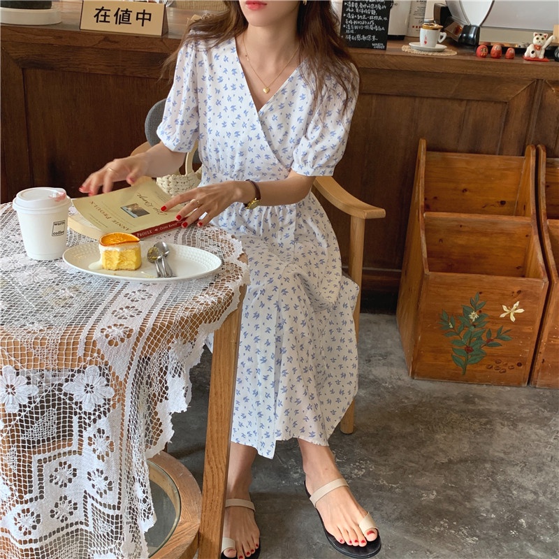 Đầm maxi nữ SUXI tay ngắn cổ chữ V in hoa phong cách Hàn Quốc