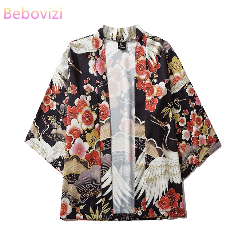 Bebovizi Fashion Swan Women Men's Kimono Outer Blouse Japanese Loose Harajuku Beach Unisex Clothes