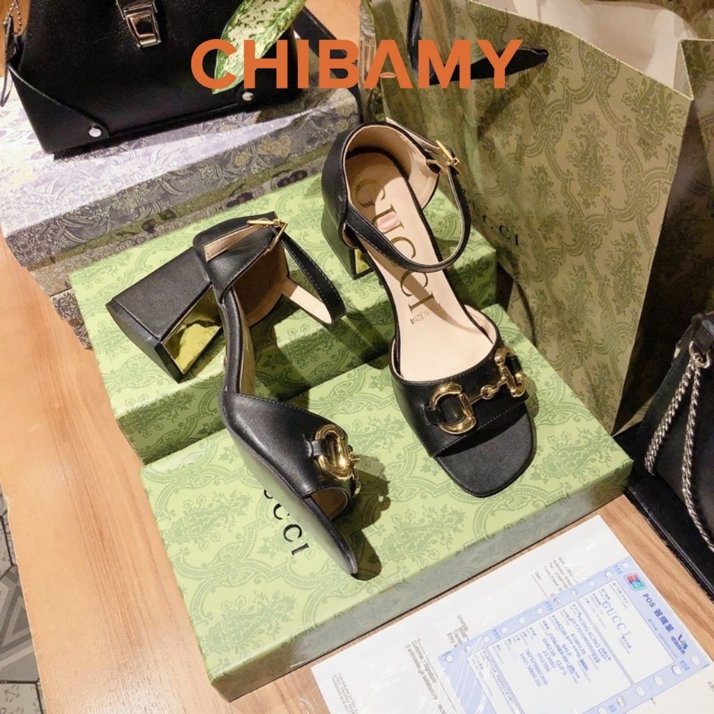 Sandal cao gót nữ GuC chất da mềm CHIBAMY, dép quai hậu nữ gót vuông cao 7cm