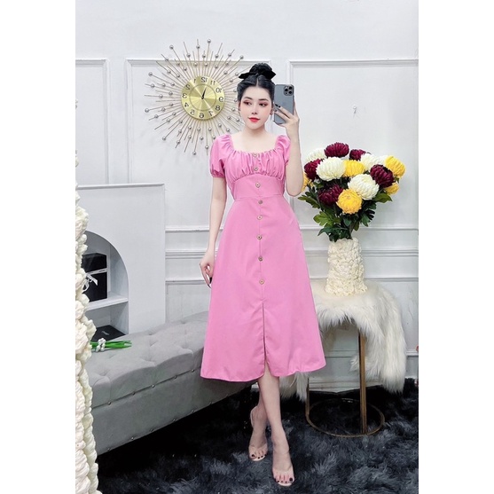 Đầm trơn cổ vuông phối cúc kèm dây cột eo siêu xinh Linh Htt