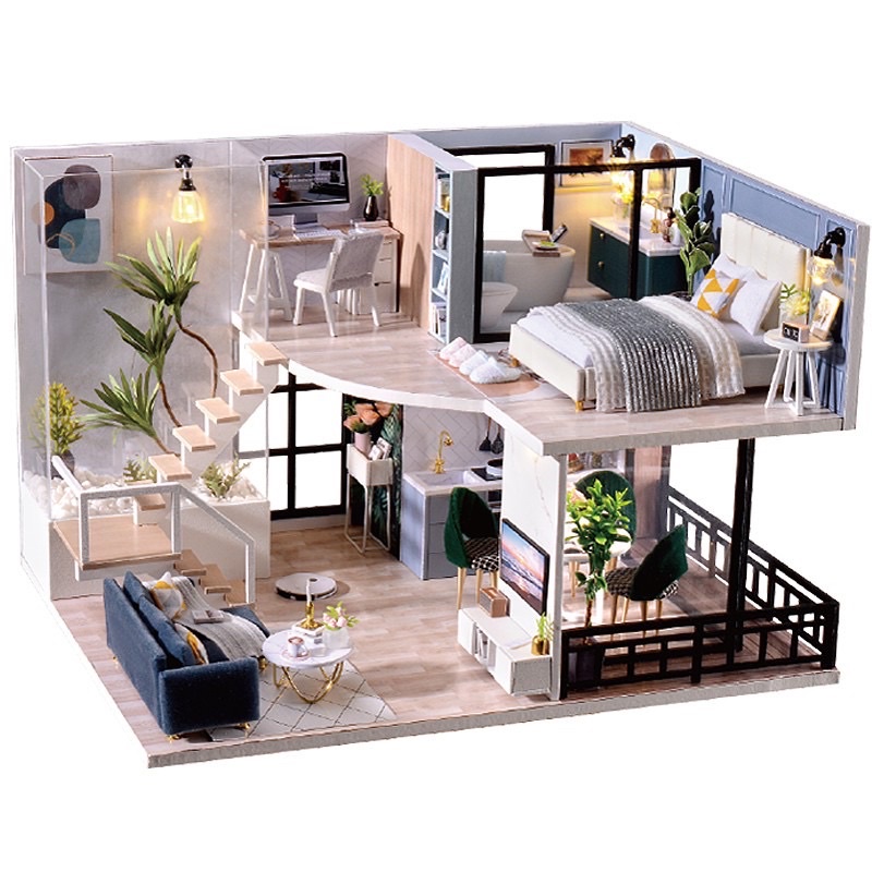 (Tặng mica,keo sữa,đèn)Mô hình nhà búp bê bé tự lắp ráp đồ chơi bằng gỗ diy doll house L032