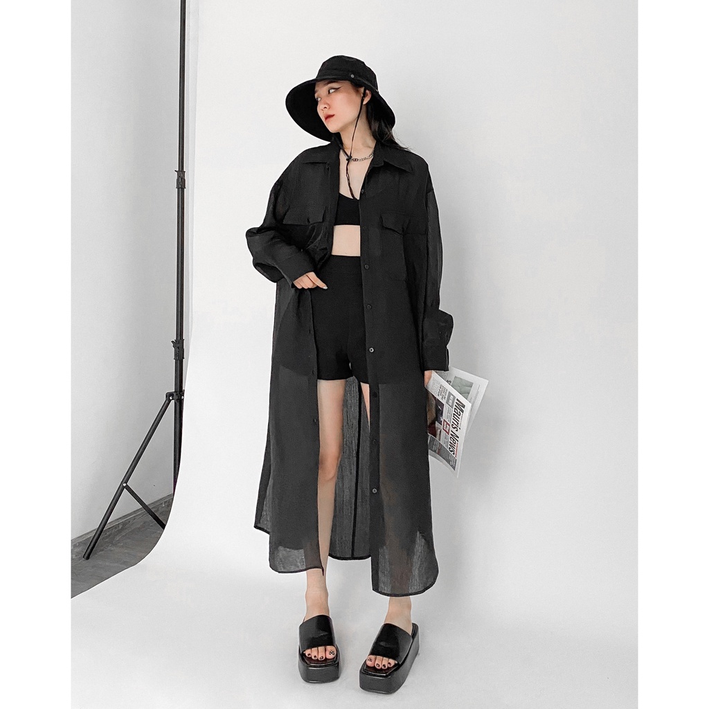 SƠ MI ĐEN DÁNG DÀI VOAN LỤA THÔ - HIGHCHIC - GONE SHIRT