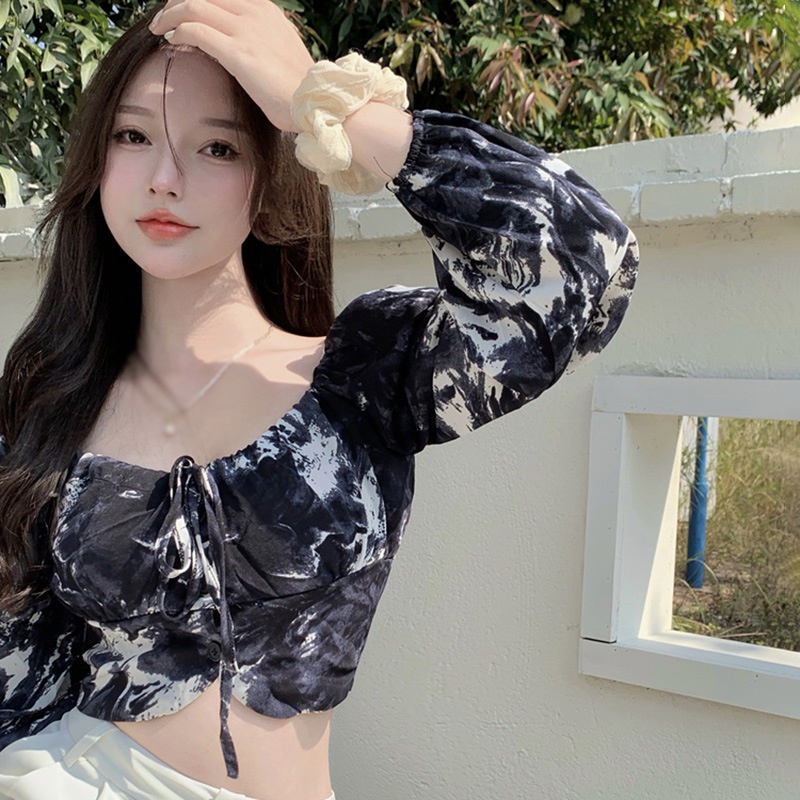 Áo Croptop Tay Dài Cổ Vuông Dáng Ôm Màu Nhuộm Thời Trang Mùa Thu Cho Nữ