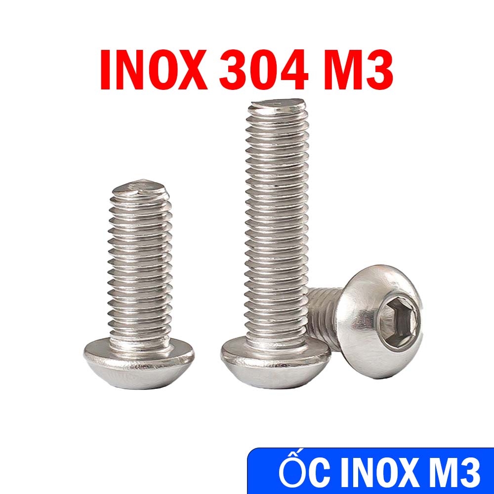 Bulong inox chìm cầu size 3, ốc lục giác chìm đầu bi ốc đầu dù lục giác M3 không gỉ, inox 304 các loại dài 6 8 12 22 mm