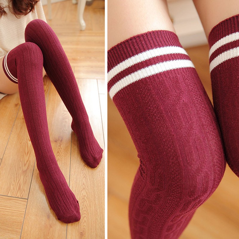 Vớ dáng dài chất liệu cotton co giãn họa tiết kẻ sọc ngang đáng yêu cho nữ