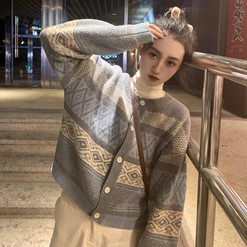 Áo khoác cardigan dệt kim tay dài màu sắc retro phong cách Hàn Quốc cho nữ