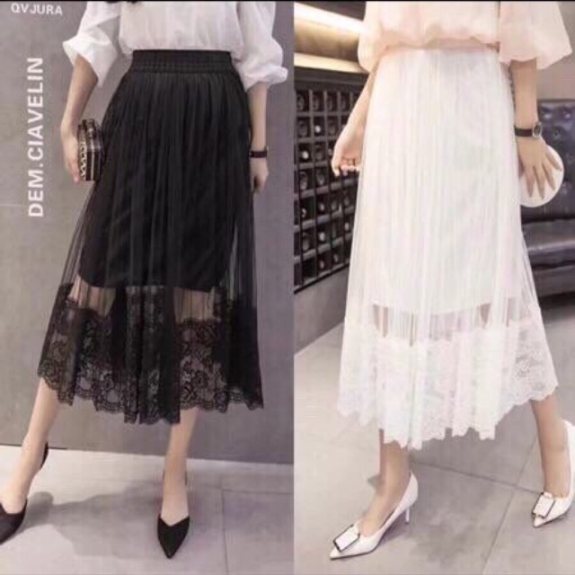 Chân váy lưới pha ren dáng maxi