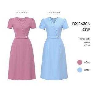 Váy xòe cổ V tay bồng DX-1630N Đầm cách điệu với chỉ nổi và đai đính cúc sang trọng