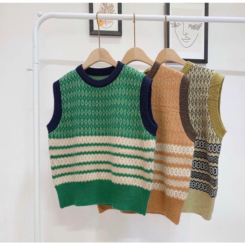 Áo gile,gile len phối màu ziczac hàn quốc