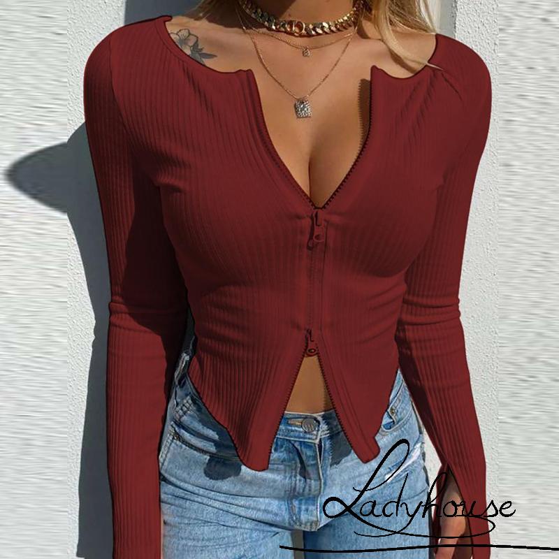 Áo croptop dệt kim cổ tròn tay dài màu sắc trơn có khóa kéo phong cách thời trang mùa thu quyến rũ cho nữ