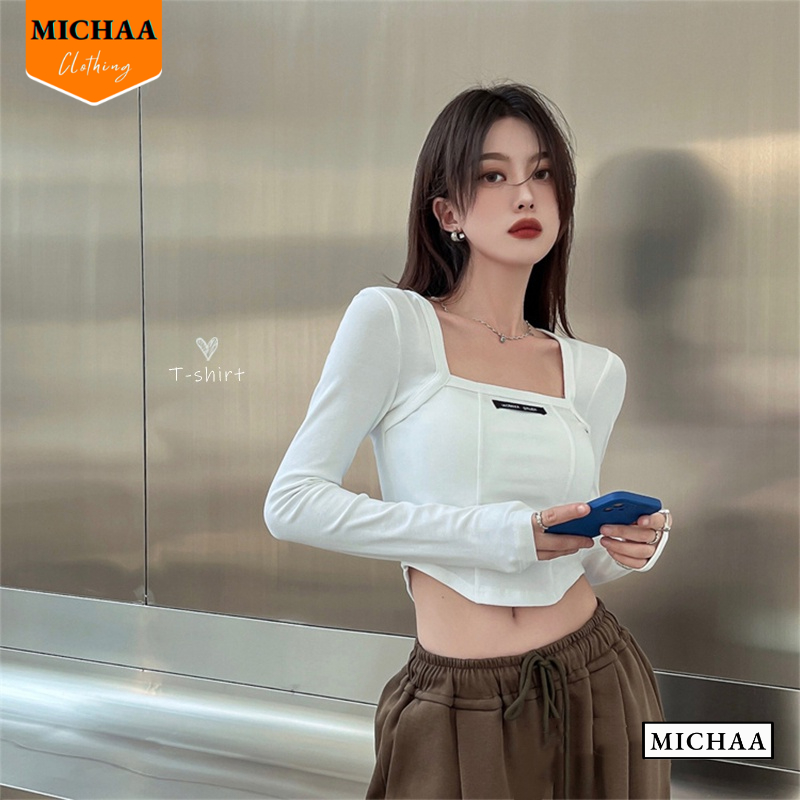 Áo Croptop Nữ Cổ Vuông Tay Dài LOGO NGỰC Ôm Body, Áo Thun Kiểu Sexy Chất Borip - MICHAA CR12