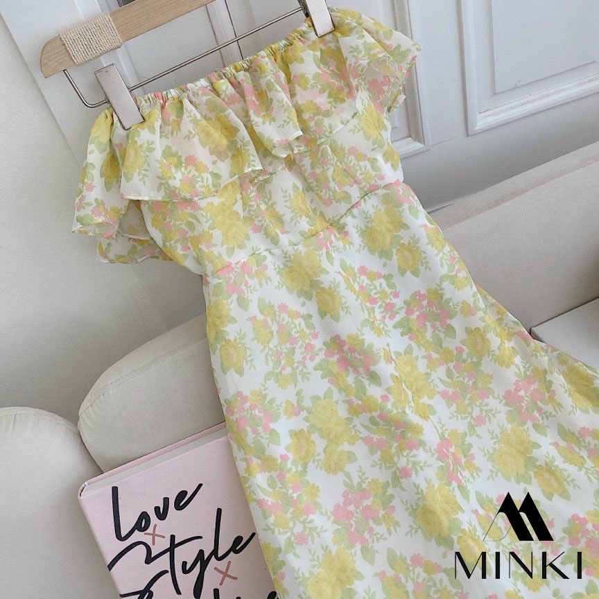 ĐẦM HOA VÀNG TRỄ VAI - CHẤT LIỆU CAO CẤP - MÀU VÀNG TIỂU THƯ | BigBuy360 - bigbuy360.vn