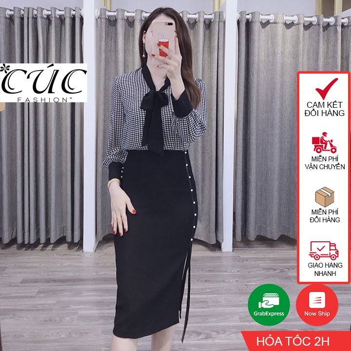 Áo sơ mi nữ Cúc Fashion áo somi dài tay công sở cao cấp vải lụa đẹp cổ nơ kiểu kẻ đen trắng thời trang A622