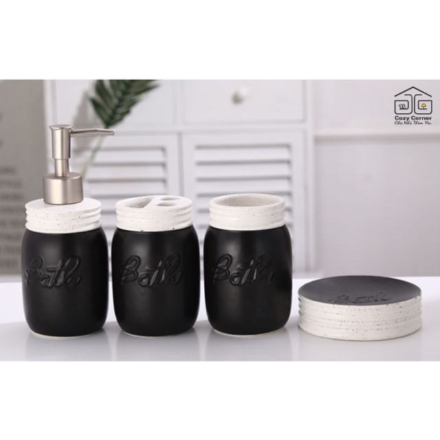 SET BỘ ĐỒ DÙNG NHÀ TẮM BẰNG GỐM SỨ BLACK&WHITE (4 MÓN)